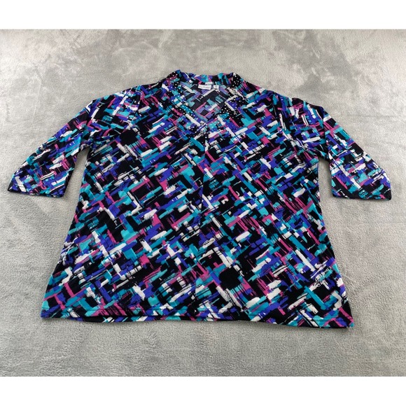Kim Rogers Tops - Kim Rogers Woman 2X Abstract Geometric Rhinestone V-Neck 3/4 Sleeve Top